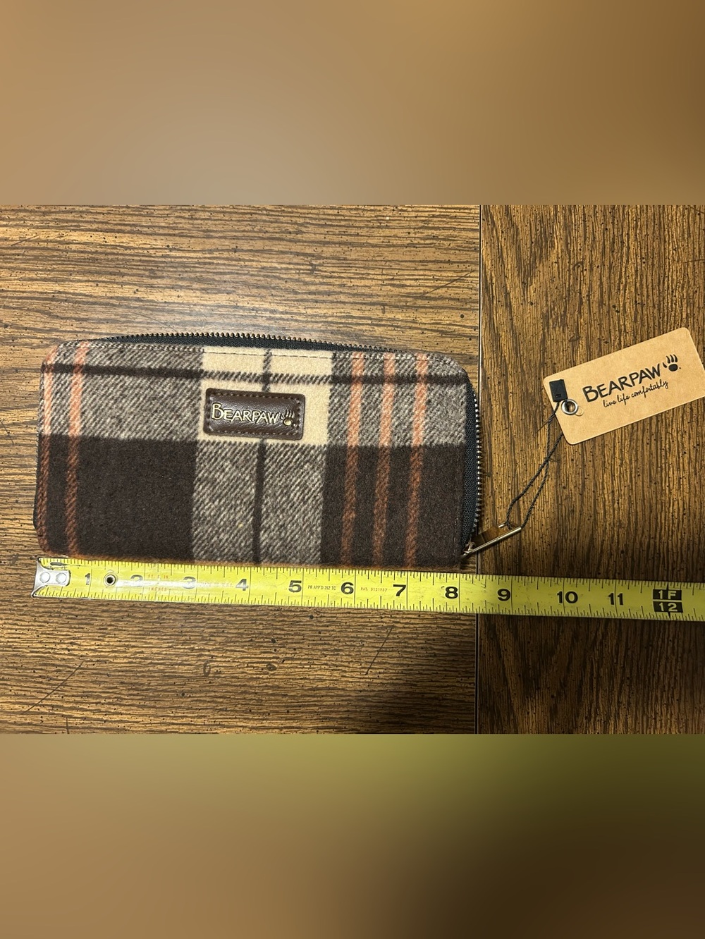 BearPaw Plaid Zip Wallet in Brown, Cream and Orange Accents
